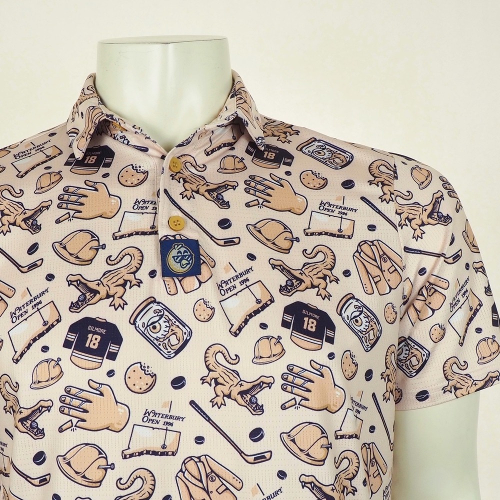 Birdie Boss Happy Gilmore Golf Polo Shirt Mens Medium Beige AOP The Waterbury - Picture 2 of 4